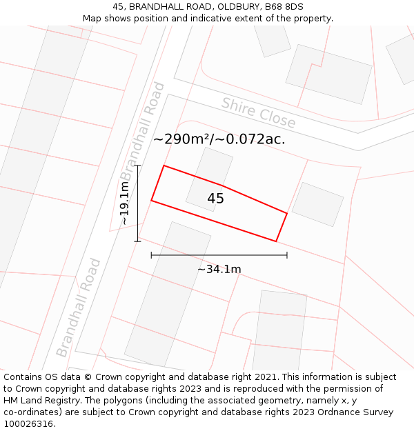 45, BRANDHALL ROAD, OLDBURY, B68 8DS: Plot and title map