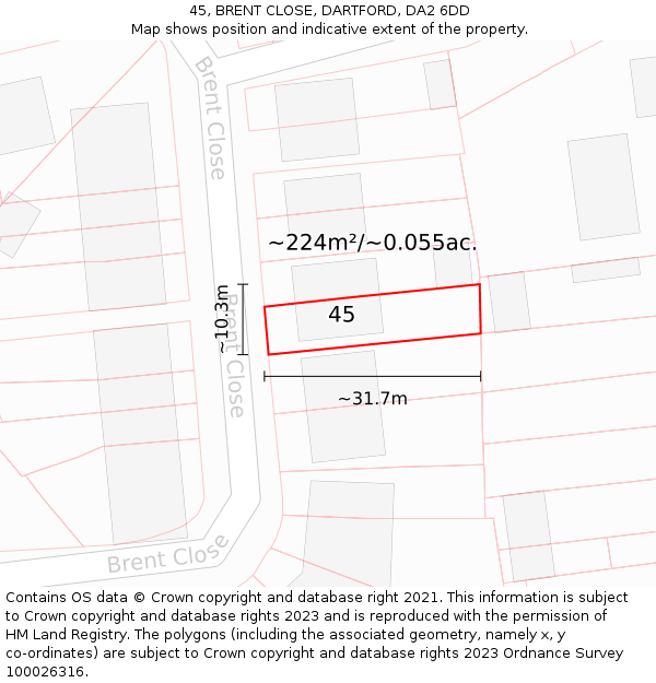 45, BRENT CLOSE, DARTFORD, DA2 6DD: Plot and title map
