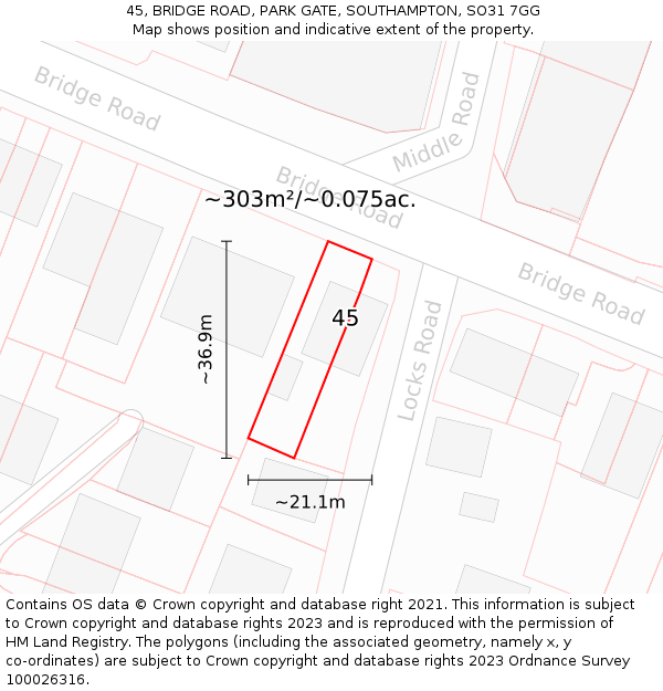 45, BRIDGE ROAD, PARK GATE, SOUTHAMPTON, SO31 7GG: Plot and title map