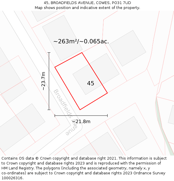 45, BROADFIELDS AVENUE, COWES, PO31 7UD: Plot and title map