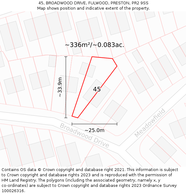 45, BROADWOOD DRIVE, FULWOOD, PRESTON, PR2 9SS: Plot and title map