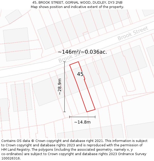 45, BROOK STREET, GORNAL WOOD, DUDLEY, DY3 2NB: Plot and title map