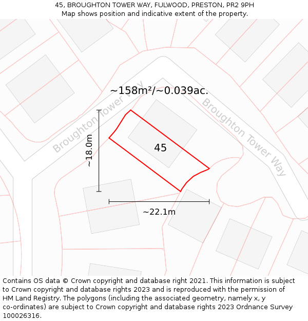 45, BROUGHTON TOWER WAY, FULWOOD, PRESTON, PR2 9PH: Plot and title map