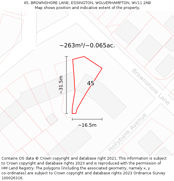 45, BROWNSHORE LANE, ESSINGTON, WOLVERHAMPTON, WV11 2AB: Plot and title map