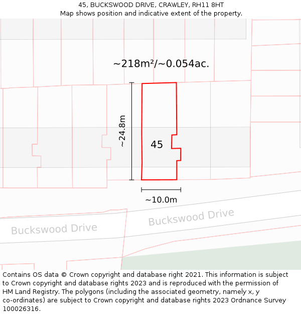 45, BUCKSWOOD DRIVE, CRAWLEY, RH11 8HT: Plot and title map