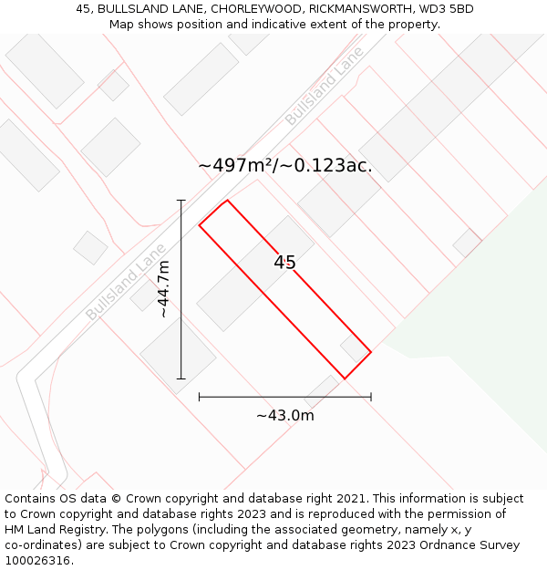 45, BULLSLAND LANE, CHORLEYWOOD, RICKMANSWORTH, WD3 5BD: Plot and title map