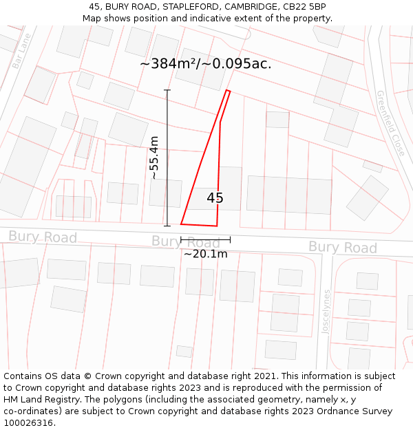 45, BURY ROAD, STAPLEFORD, CAMBRIDGE, CB22 5BP: Plot and title map