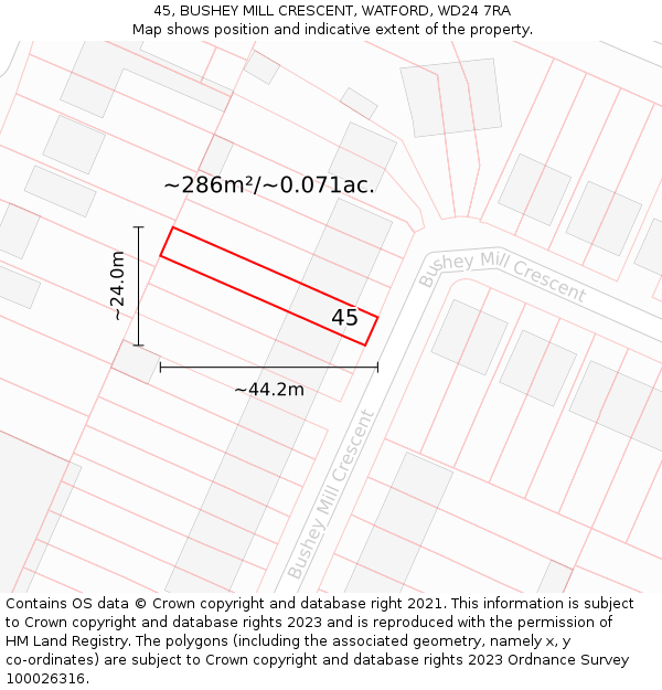 45, BUSHEY MILL CRESCENT, WATFORD, WD24 7RA: Plot and title map