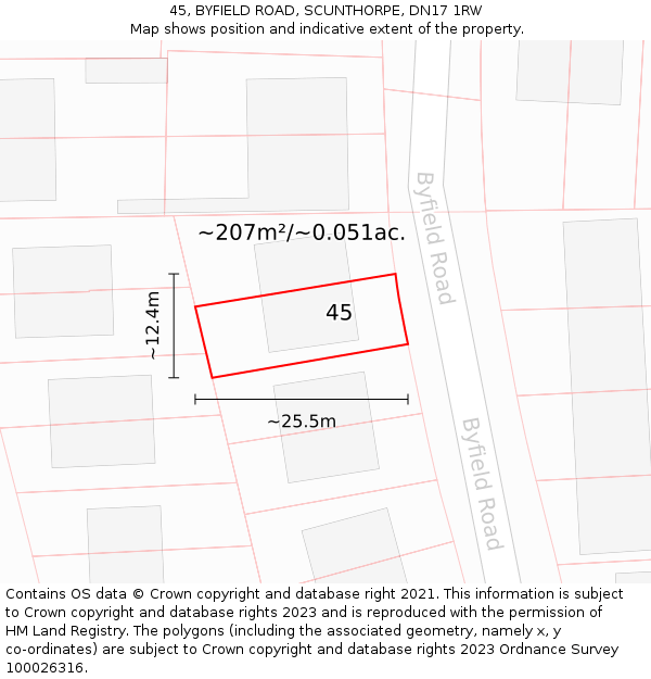 45, BYFIELD ROAD, SCUNTHORPE, DN17 1RW: Plot and title map