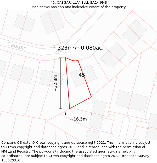 45, CAEGAR, LLANELLI, SA14 9NS: Plot and title map