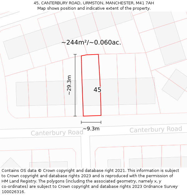 45, CANTERBURY ROAD, URMSTON, MANCHESTER, M41 7AH: Plot and title map