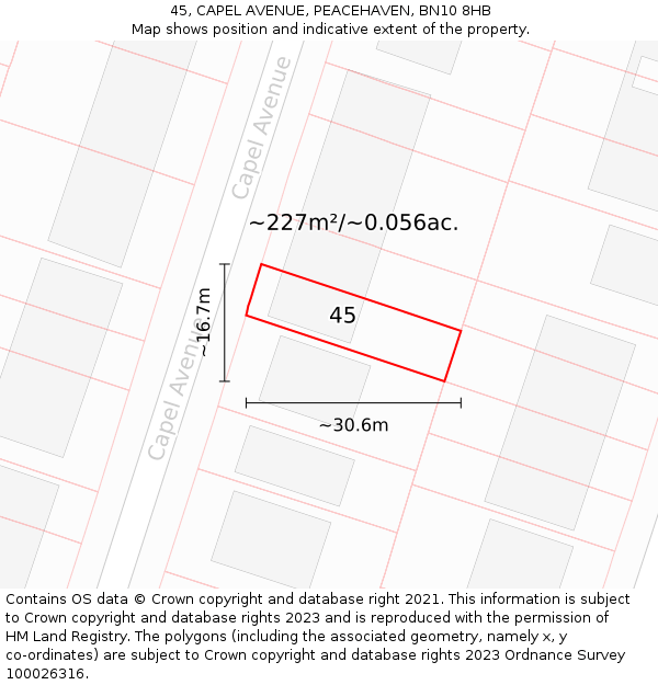 45, CAPEL AVENUE, PEACEHAVEN, BN10 8HB: Plot and title map