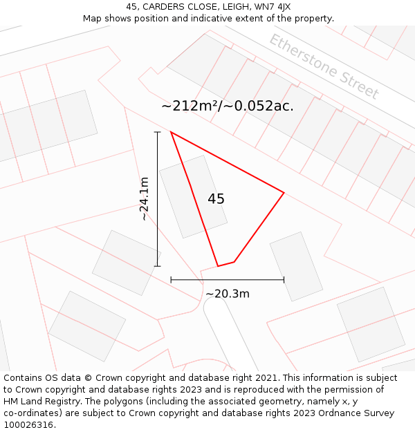 45, CARDERS CLOSE, LEIGH, WN7 4JX: Plot and title map