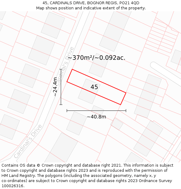 45, CARDINALS DRIVE, BOGNOR REGIS, PO21 4QD: Plot and title map