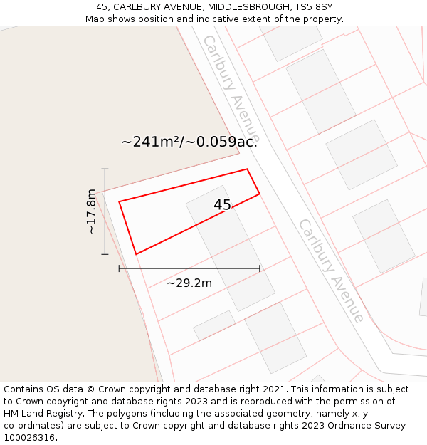 45, CARLBURY AVENUE, MIDDLESBROUGH, TS5 8SY: Plot and title map