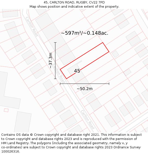 45, CARLTON ROAD, RUGBY, CV22 7PD: Plot and title map