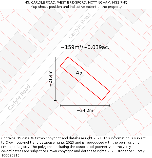 45, CARLYLE ROAD, WEST BRIDGFORD, NOTTINGHAM, NG2 7NQ: Plot and title map