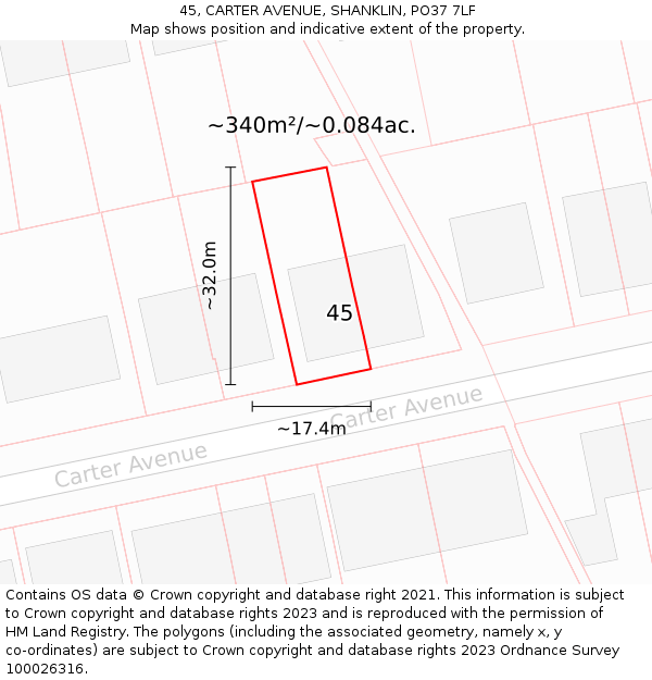 45, CARTER AVENUE, SHANKLIN, PO37 7LF: Plot and title map