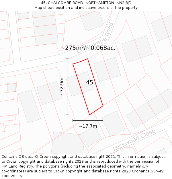 45, CHALCOMBE ROAD, NORTHAMPTON, NN2 8JD: Plot and title map