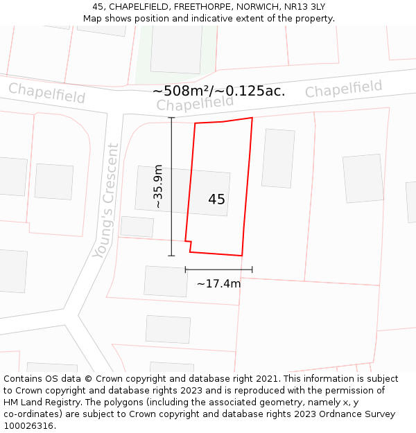 45, CHAPELFIELD, FREETHORPE, NORWICH, NR13 3LY: Plot and title map