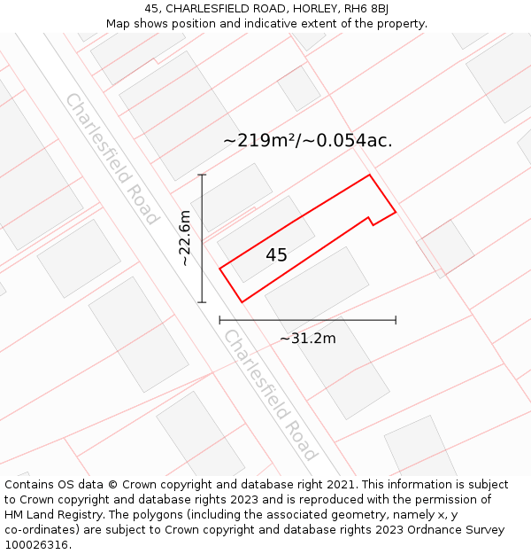 45, CHARLESFIELD ROAD, HORLEY, RH6 8BJ: Plot and title map