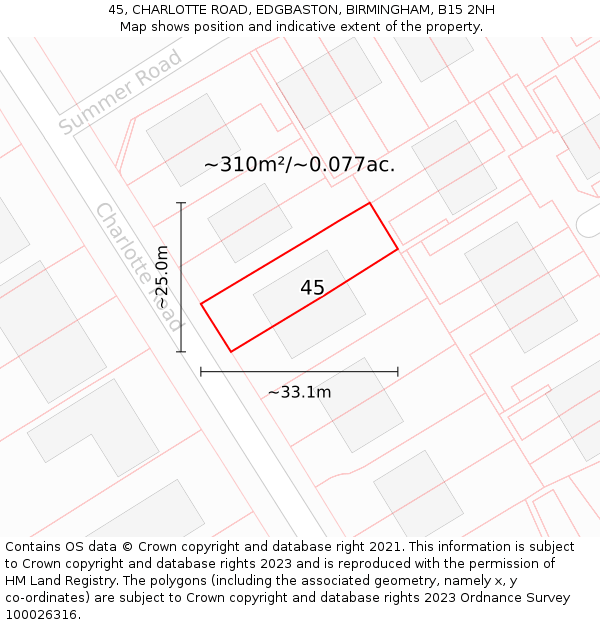 45, CHARLOTTE ROAD, EDGBASTON, BIRMINGHAM, B15 2NH: Plot and title map