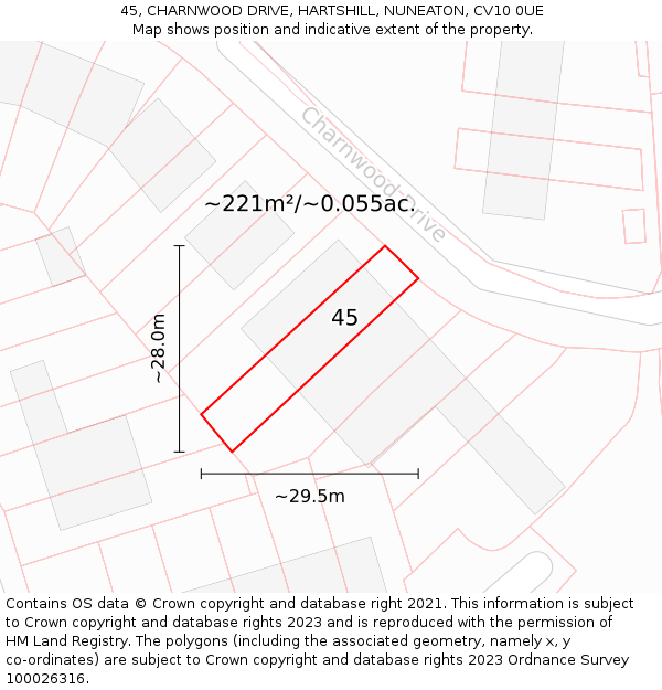 45, CHARNWOOD DRIVE, HARTSHILL, NUNEATON, CV10 0UE: Plot and title map