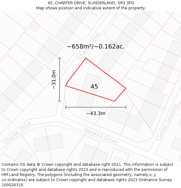 45, CHARTER DRIVE, SUNDERLAND, SR3 3PG: Plot and title map