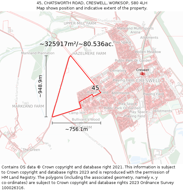 45, CHATSWORTH ROAD, CRESWELL, WORKSOP, S80 4LH: Plot and title map
