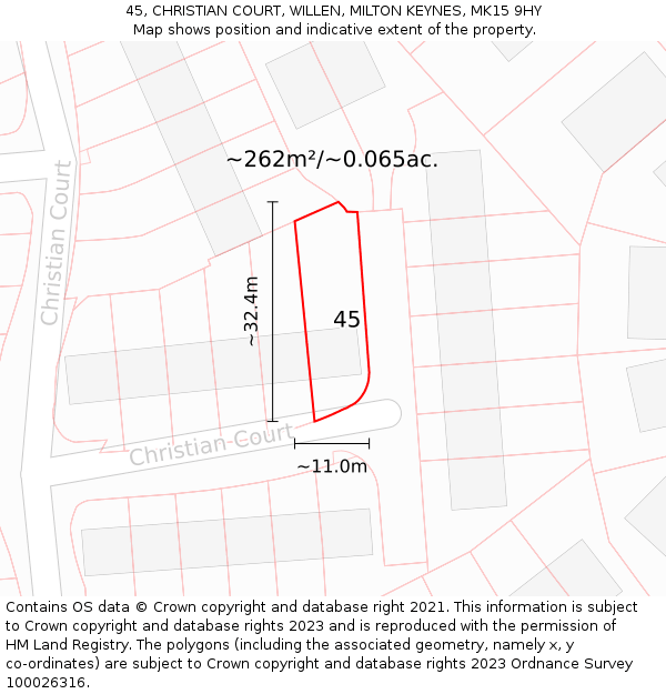 45, CHRISTIAN COURT, WILLEN, MILTON KEYNES, MK15 9HY: Plot and title map