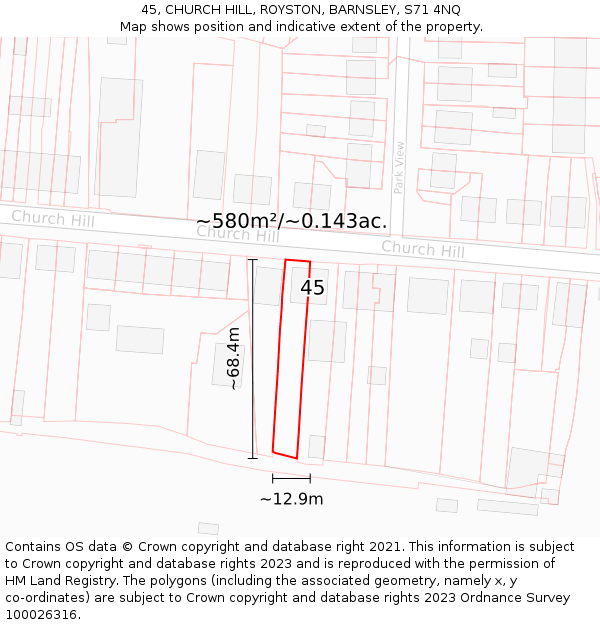 45, CHURCH HILL, ROYSTON, BARNSLEY, S71 4NQ: Plot and title map