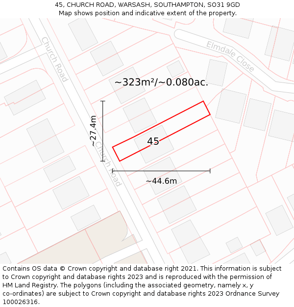 45, CHURCH ROAD, WARSASH, SOUTHAMPTON, SO31 9GD: Plot and title map