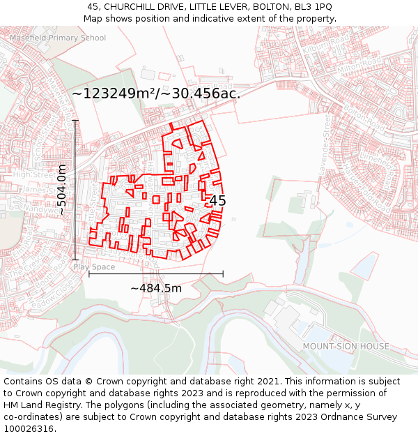 45, CHURCHILL DRIVE, LITTLE LEVER, BOLTON, BL3 1PQ: Plot and title map