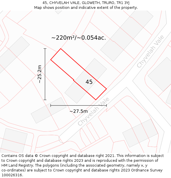 45, CHYVELAH VALE, GLOWETH, TRURO, TR1 3YJ: Plot and title map