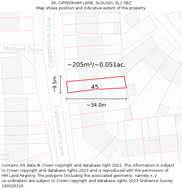 45, CIPPENHAM LANE, SLOUGH, SL1 5BZ: Plot and title map