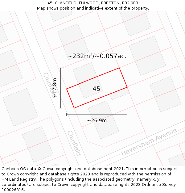 45, CLANFIELD, FULWOOD, PRESTON, PR2 9RR: Plot and title map