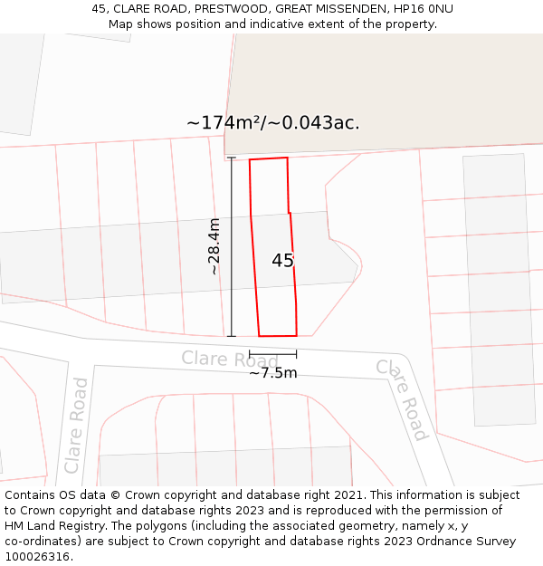 45, CLARE ROAD, PRESTWOOD, GREAT MISSENDEN, HP16 0NU: Plot and title map