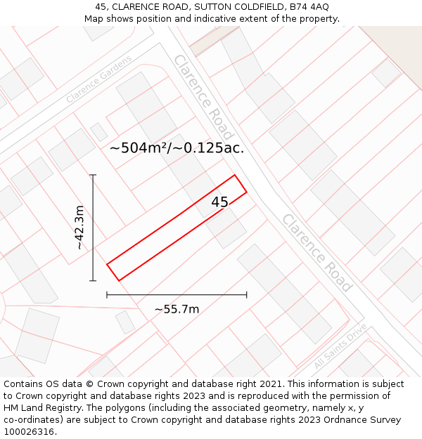 45, CLARENCE ROAD, SUTTON COLDFIELD, B74 4AQ: Plot and title map