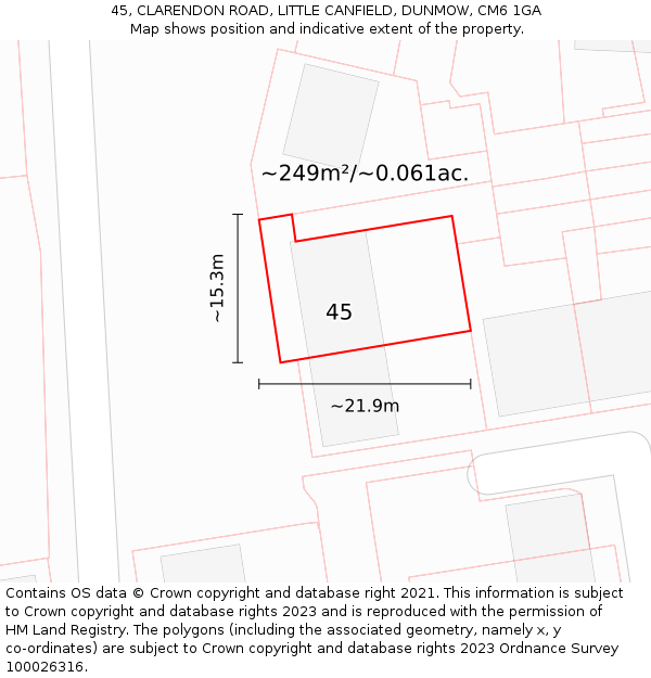 45, CLARENDON ROAD, LITTLE CANFIELD, DUNMOW, CM6 1GA: Plot and title map