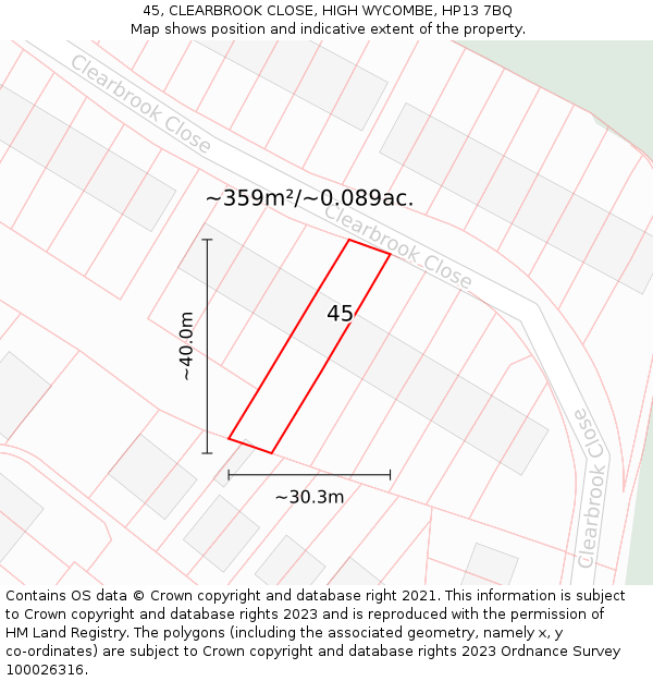 45, CLEARBROOK CLOSE, HIGH WYCOMBE, HP13 7BQ: Plot and title map