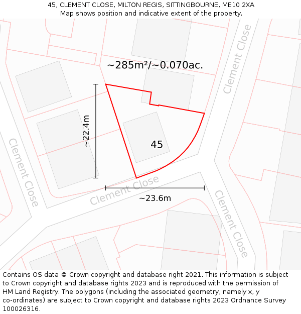 45, CLEMENT CLOSE, MILTON REGIS, SITTINGBOURNE, ME10 2XA: Plot and title map