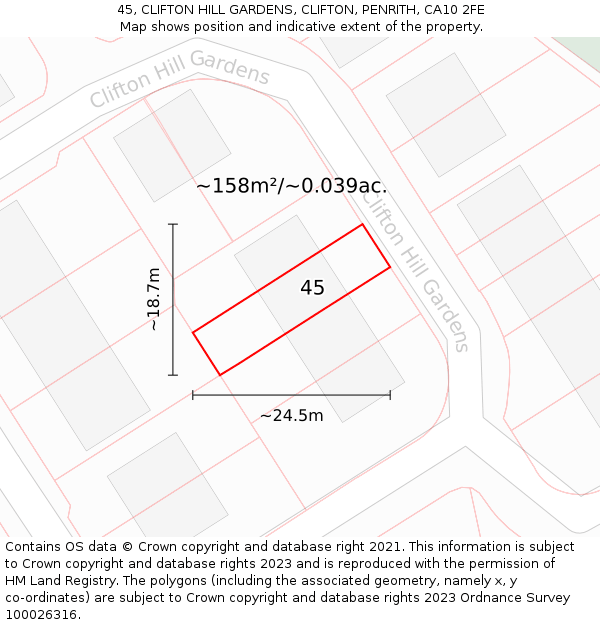 45, CLIFTON HILL GARDENS, CLIFTON, PENRITH, CA10 2FE: Plot and title map