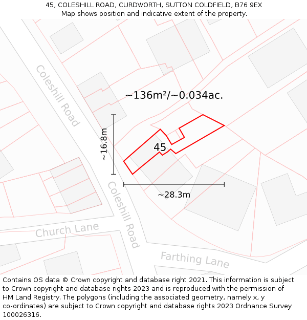 45, COLESHILL ROAD, CURDWORTH, SUTTON COLDFIELD, B76 9EX: Plot and title map