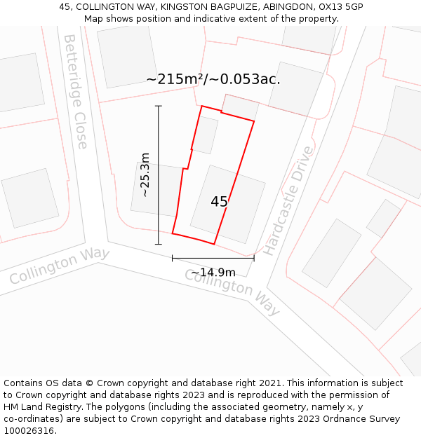 45, COLLINGTON WAY, KINGSTON BAGPUIZE, ABINGDON, OX13 5GP: Plot and title map