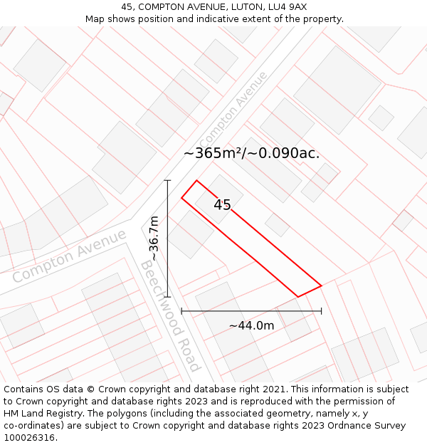 45, COMPTON AVENUE, LUTON, LU4 9AX: Plot and title map