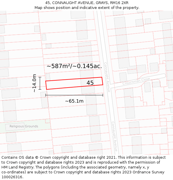 45, CONNAUGHT AVENUE, GRAYS, RM16 2XR: Plot and title map