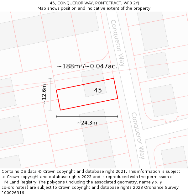 45, CONQUEROR WAY, PONTEFRACT, WF8 2YJ: Plot and title map