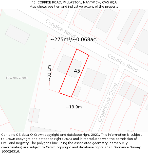 45, COPPICE ROAD, WILLASTON, NANTWICH, CW5 6QA: Plot and title map