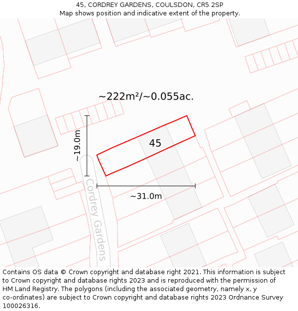 45, CORDREY GARDENS, COULSDON, CR5 2SP: Plot and title map