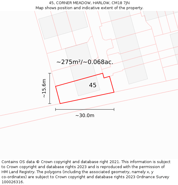 45, CORNER MEADOW, HARLOW, CM18 7JN: Plot and title map